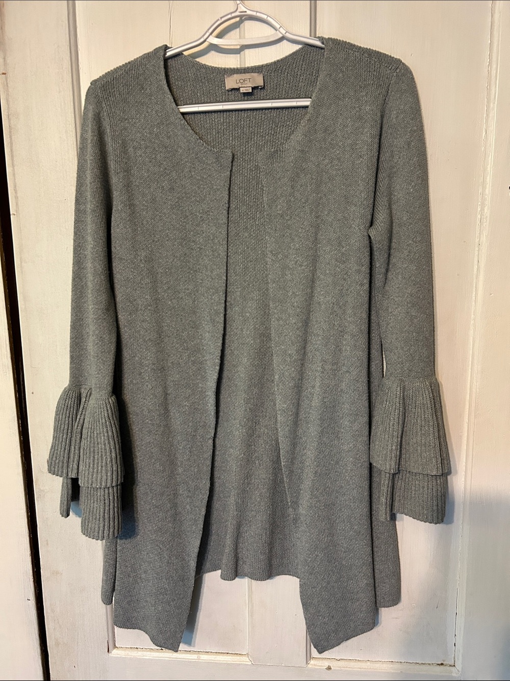 LOFT Light Gray Ruffle Bell-Sleeve Open Cardigan
